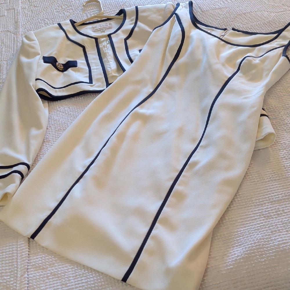 Alberto Makali white Dress and Black-Trim Jacket Set